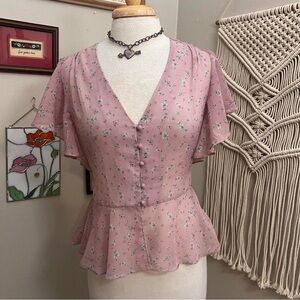 Peplum Button Down Pink Floral Top Medium